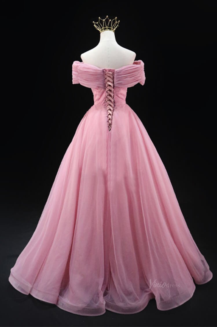 Pink Sparkly Tulle Prom Dresses with Beaded Lace, Wrinkled, Off the Shoulder Quinceanera Dresses SU031-prom dresses 2025 -Viniodress-Pink-Custom Size-