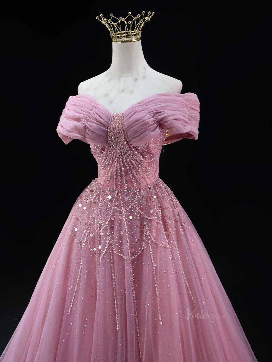 Pink Sparkly Tulle Prom Dresses with Beaded Lace, Wrinkled, Off the Shoulder Quinceanera Dresses SU031-prom dresses 2025 -Viniodress-Pink-Custom Size-