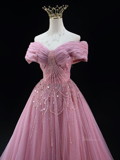 Pink Sparkly Tulle Prom Dresses with Beaded Lace, Wrinkled, Off the Shoulder Quinceanera Dresses SU031-prom dresses 2025 -Viniodress-Pink-Custom Size-