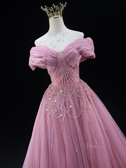 Pink Sparkly Tulle Prom Dresses with Beaded Lace, Wrinkled, Off the Shoulder Quinceanera Dresses SU031-prom dresses 2025 -Viniodress-Pink-Custom Size-