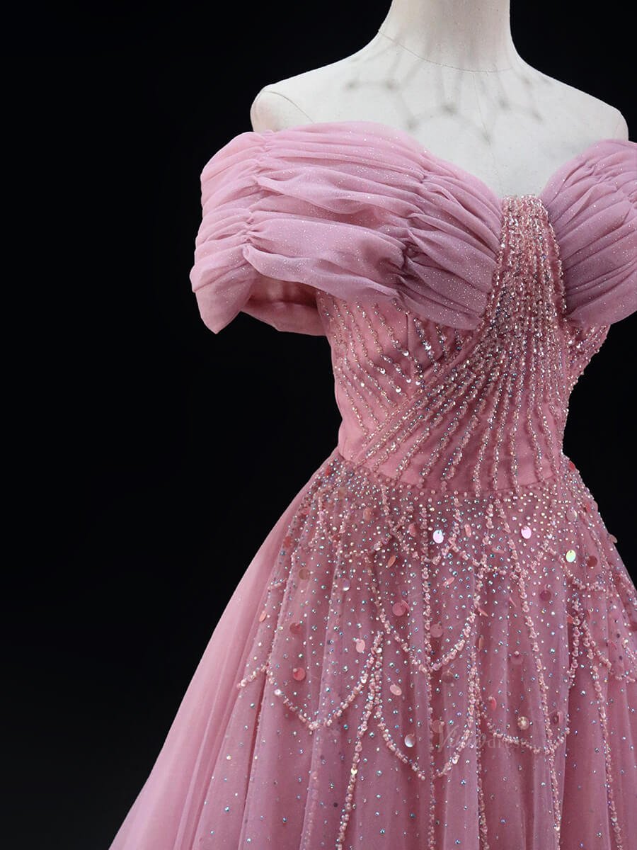 Pink Sparkly Tulle Prom Dresses with Beaded Lace, Wrinkled, Off the Shoulder Quinceanera Dresses SU031-prom dresses 2025 -Viniodress-Pink-Custom Size-