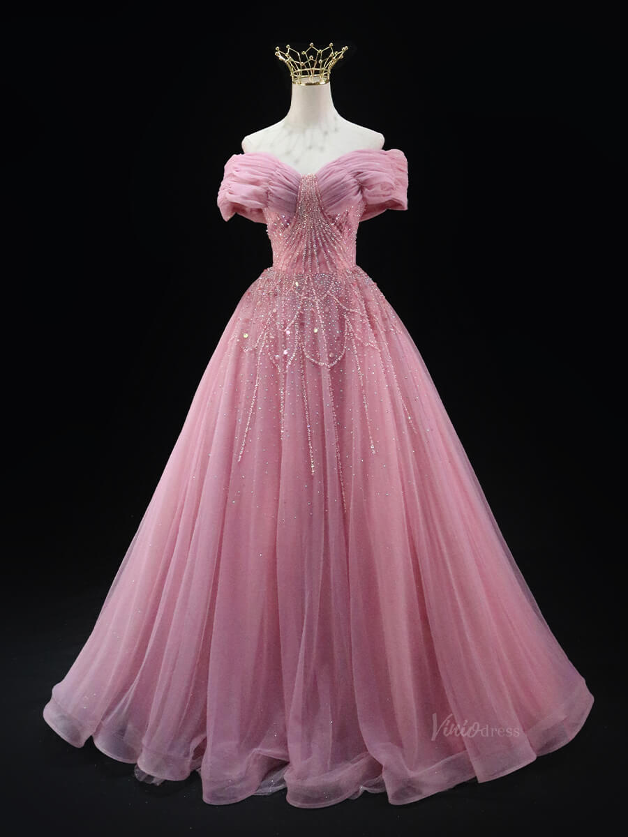 Pink Sparkly Tulle Prom Dresses with Beaded Lace, Wrinkled, Off the Shoulder Quinceanera Dresses SU031-prom dresses 2025 -Viniodress-Pink-Custom Size-