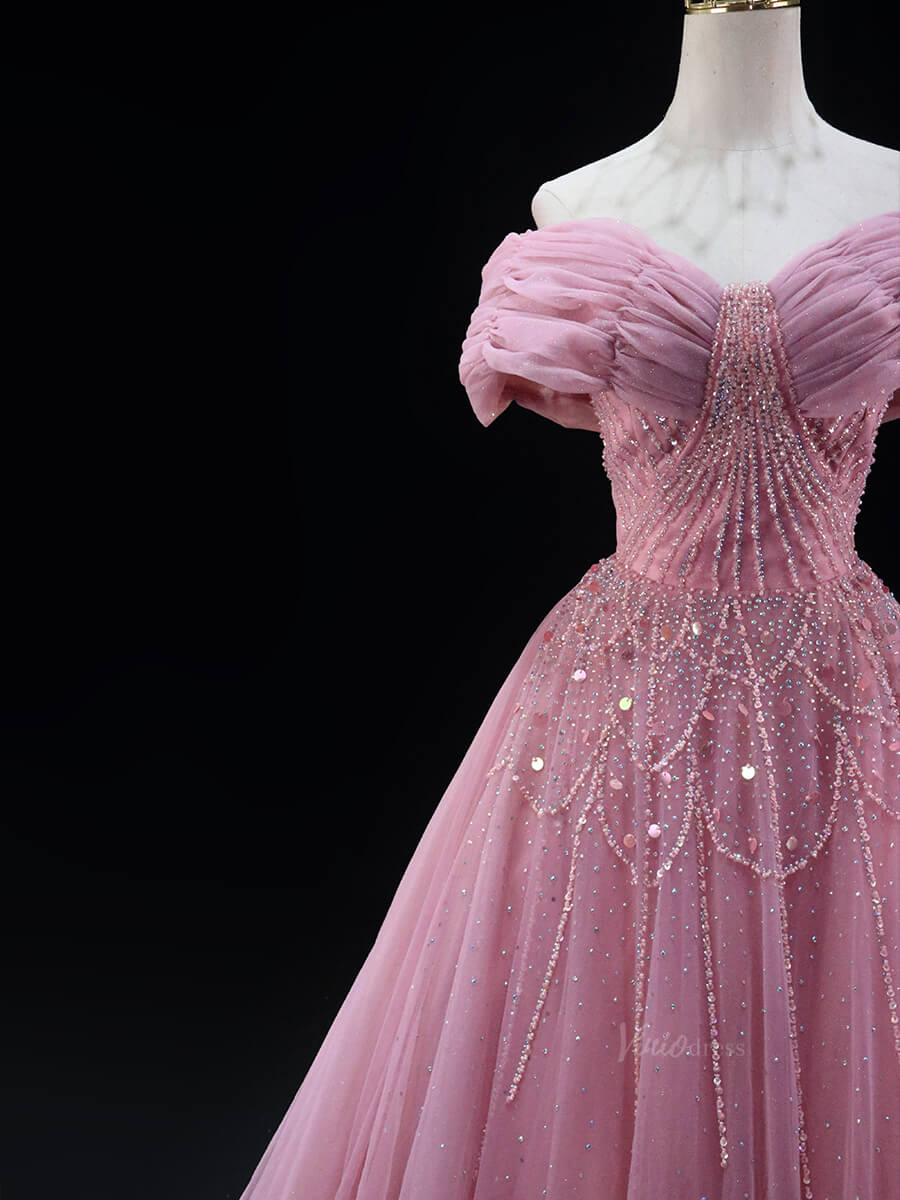 Pink Sparkly Tulle Prom Dresses with Beaded Lace, Wrinkled, Off the Shoulder Quinceanera Dresses SU031-prom dresses 2025 -Viniodress-Pink-Custom Size-