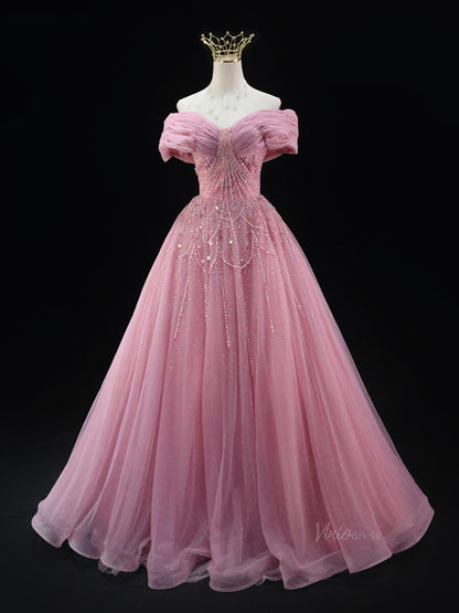 Pink Sparkly Tulle Prom Dresses with Beaded Lace, Wrinkled, Off the Shoulder Quinceanera Dresses SU031-prom dresses 2025 -Viniodress-Pink-Custom Size-