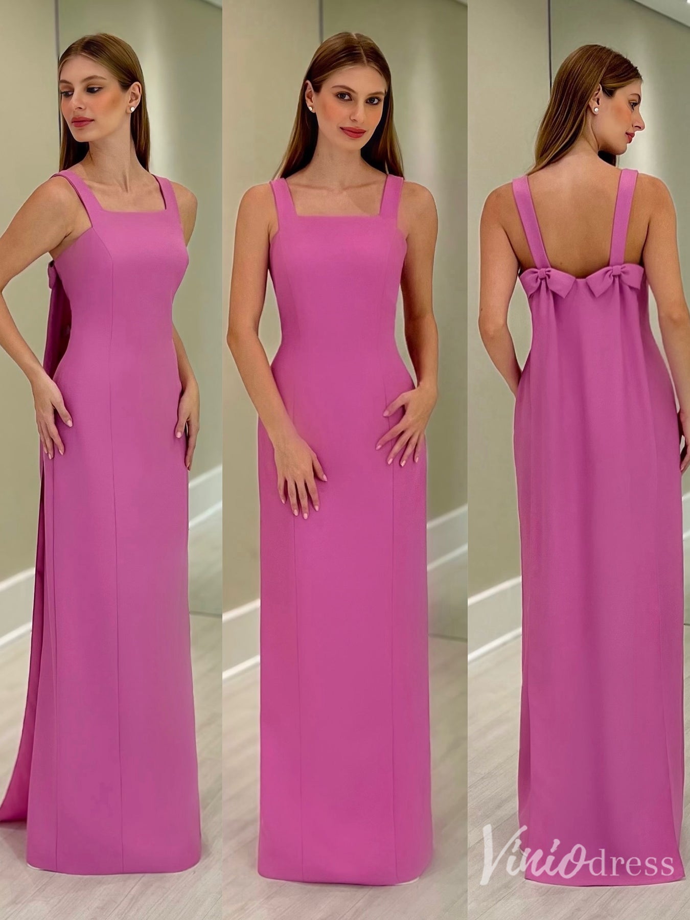 Pink Square Neck Formal Dress Column Gown with Bow Draped Back – FD6134-prom dresses 2025 -Viniodress-Pink-Custom Size-