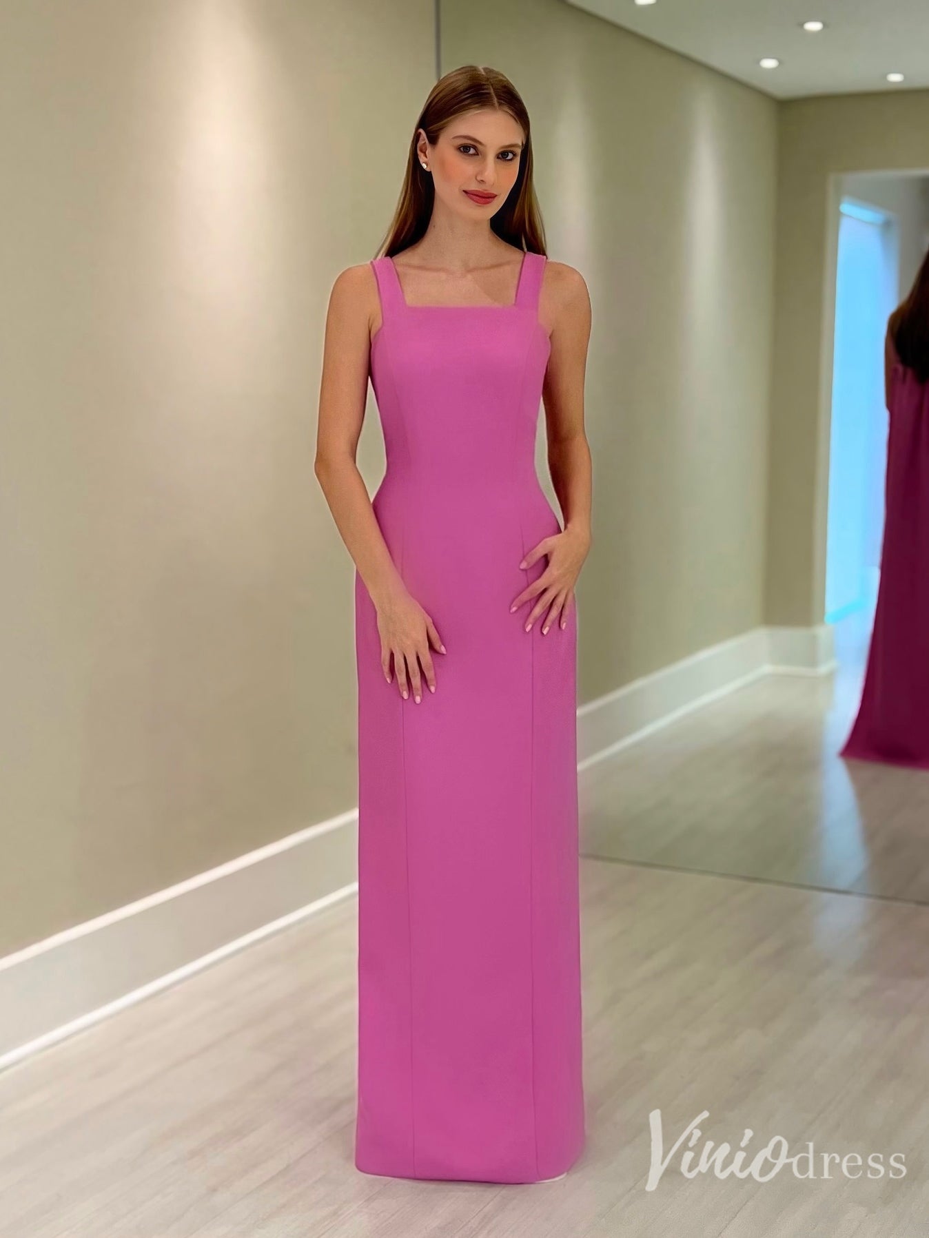 Pink Square Neck Formal Dress Column Gown with Bow Draped Back – FD6134-prom dresses 2025 -Viniodress-Pink-Custom Size-