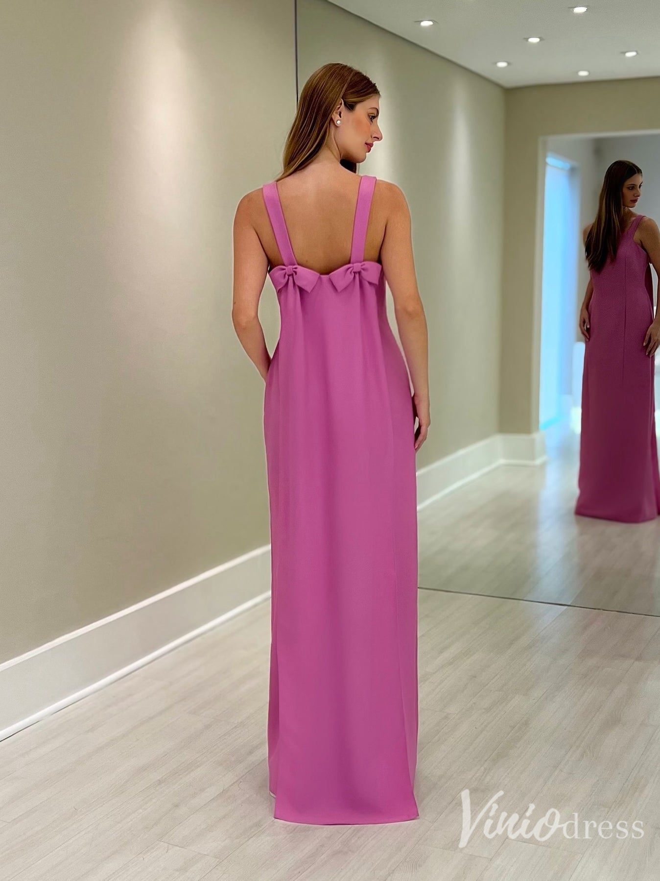 Pink Square Neck Formal Dress Column Gown with Bow Draped Back – FD6134-prom dresses 2025 -Viniodress-Pink-Custom Size-