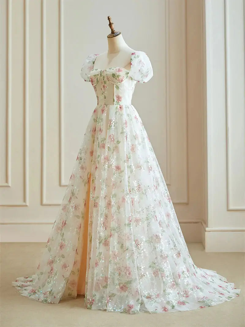 Pink Starry Tulle Floral Prom Dresses with Slit & Puffes Sleeve - FD51 Viniodress Pink Starry Tulle Floral Prom Dresses with Slit & Puffes Sleeve - FD51 Viniodress