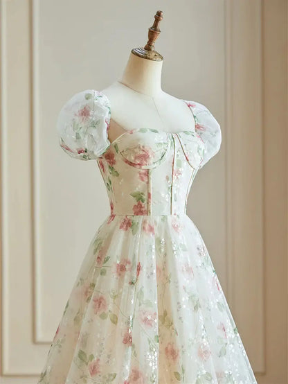 Pink Starry Tulle Floral Prom Dresses with Slit & Puffes Sleeve - FD5107-prom dresses 2025 -Viniodress-Pink-Custom Size-