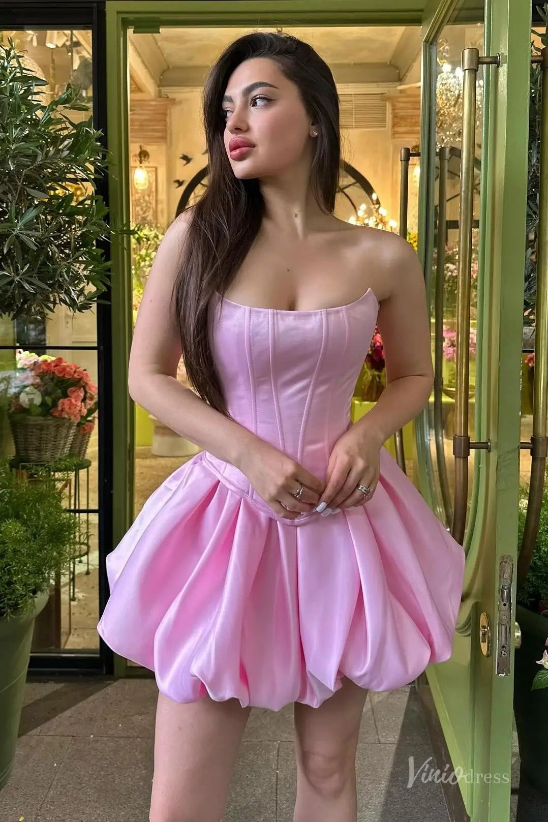 Pink Strapless Bubble Hem Homecoming Dress with Corset Bodice and Lace-Up Back – H1146-Homecoming Dresses 2025 -Viniodress-Pink-Custom Size-
