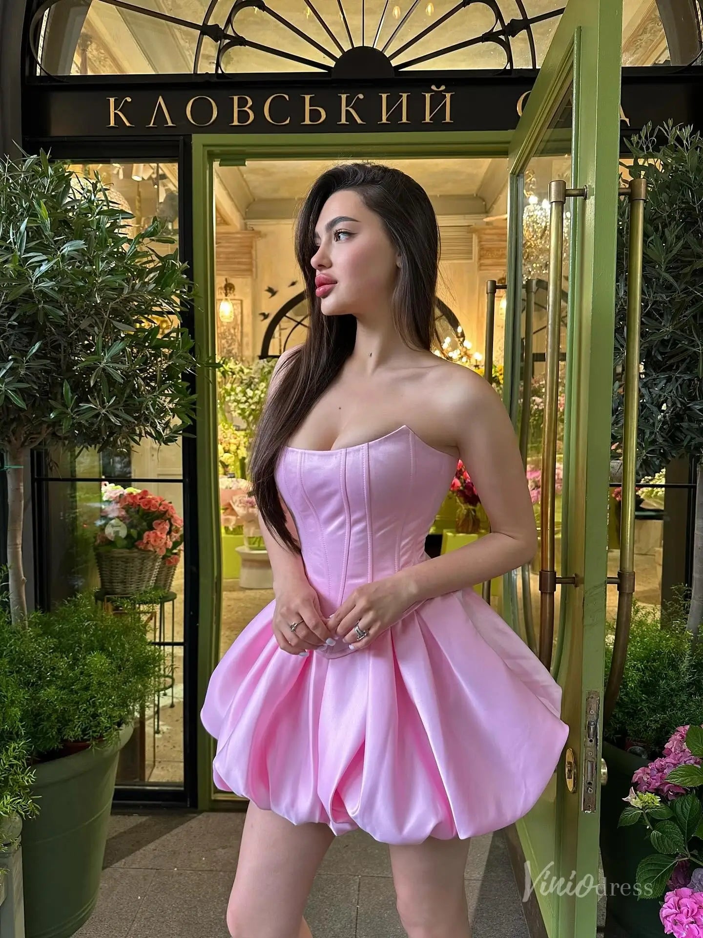 Pink Strapless Bubble Hem Homecoming Dress with Corset Bodice and Lace-Up Back – H1146-Homecoming Dresses 2025 -Viniodress-Pink-Custom Size-