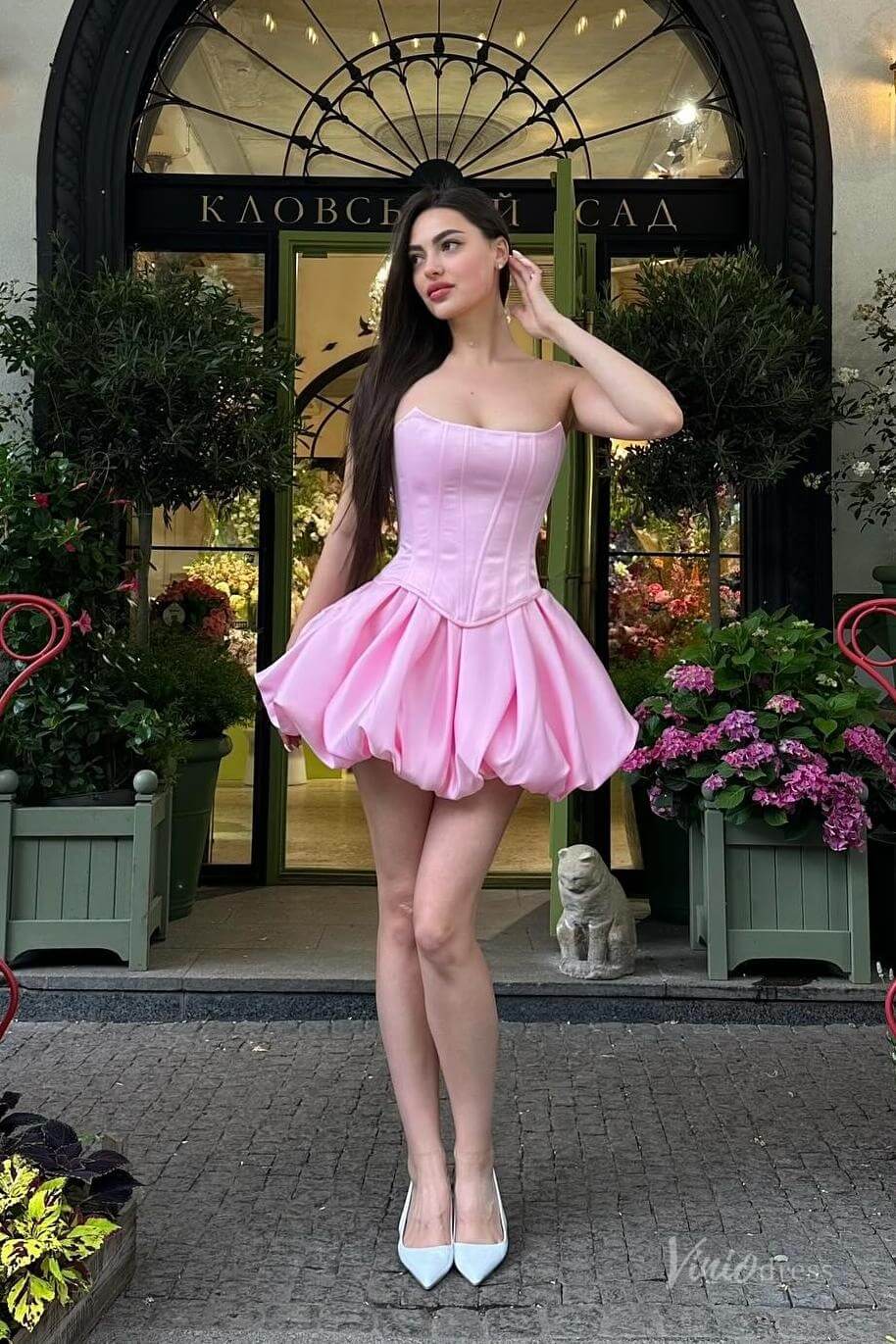 Pink Strapless Bubble Hem Homecoming Dress with Corset Bodice and Lace-Up Back – H1146-Homecoming Dresses 2025 -Viniodress-Pink-Custom Size-