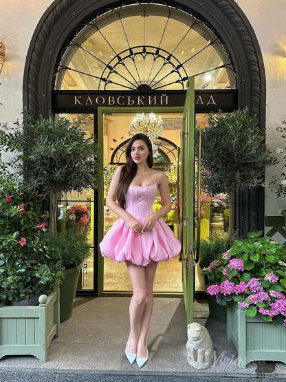 Pink Strapless Bubble Hem Homecoming Dress with Corset Bodice and Lace-Up Back – H1146-Homecoming Dresses 2025 -Viniodress-Pink-Custom Size-