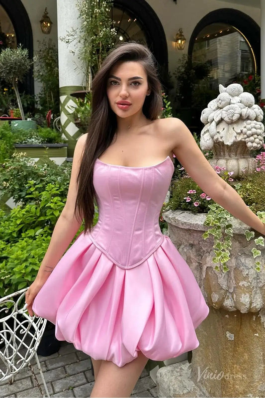 Pink Strapless Bubble Hem Homecoming Dress with Corset Bodice and Lace-Up Back – H1146-Homecoming Dresses 2025 -Viniodress-Pink-Custom Size-