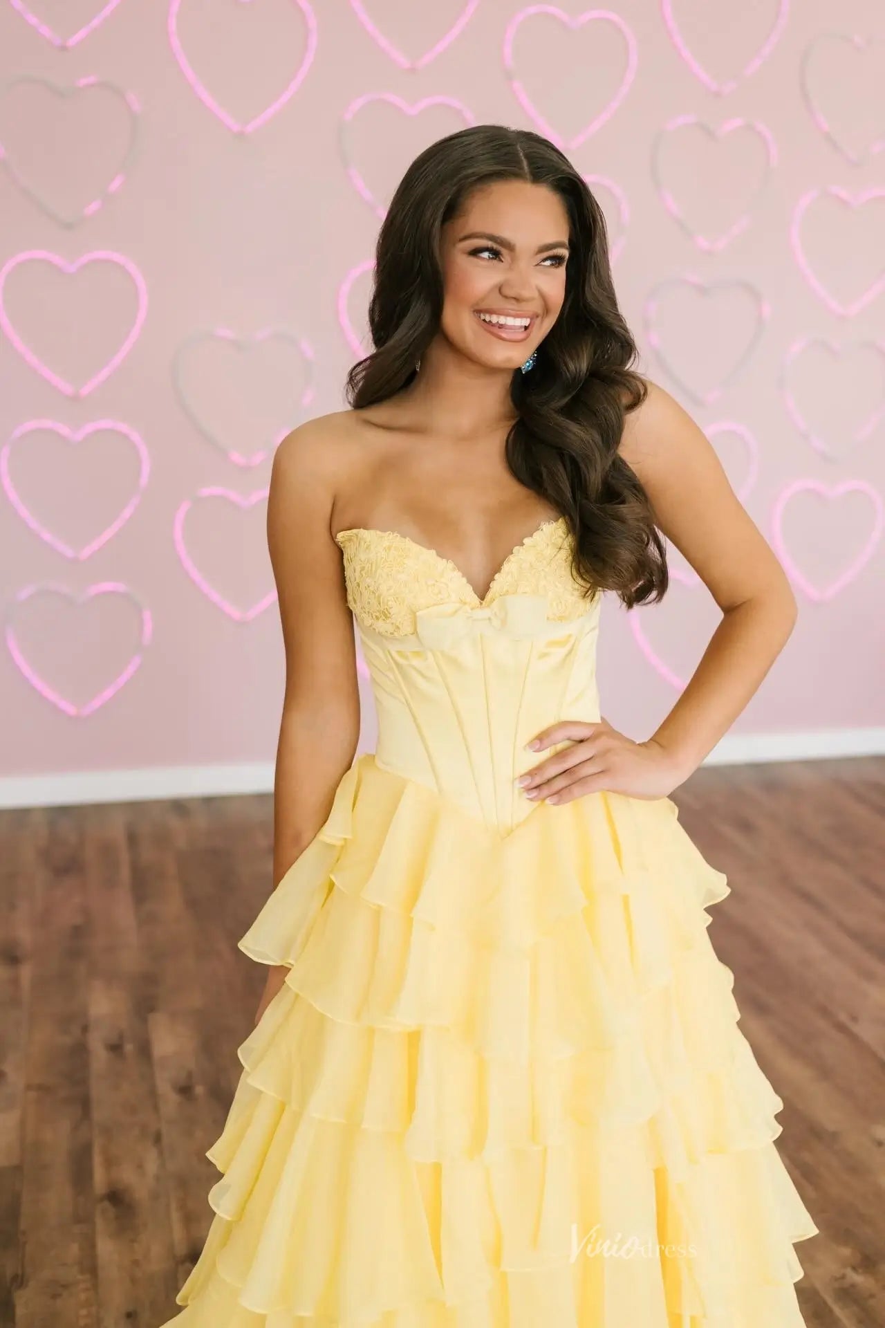 Pink Strapless Corset Prom Dress with Tiered Ruffles & Slit RF304-prom dresses 2026-Viniodress-Pink-Custom Size-