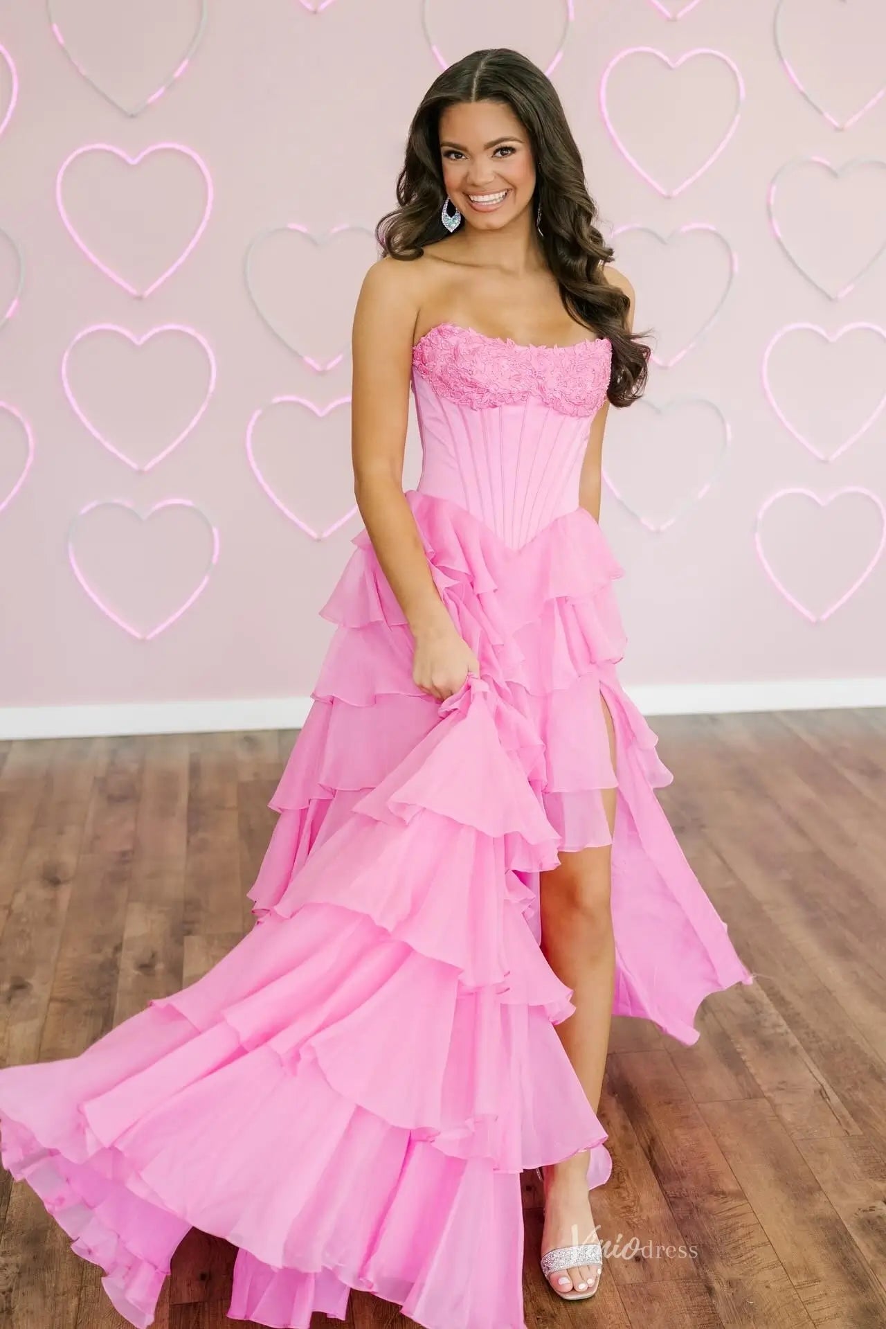 pink corset formal dress Pink Strapless Corset Prom Dress with Tiered Ruffles & Slit RF304 – Viniodress