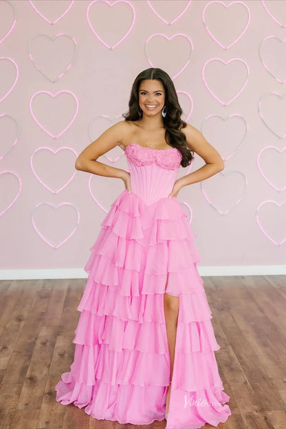 Pink Strapless Corset Prom Dress with Tiered Ruffles & Slit RF304-prom dresses 2026-Viniodress-Pink-Custom Size-
