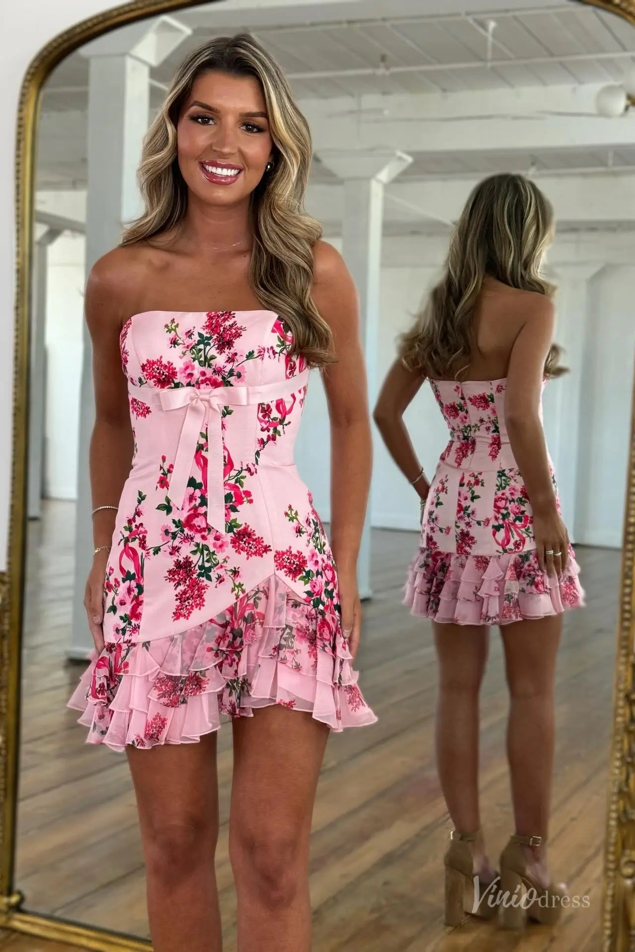 Pink Strapless Floral Homecoming Dress with Bow Detail, Straight Neckline & Ruffled Hem – H1189-prom dresses 2025 -Viniodress-Pink-Custom Size-