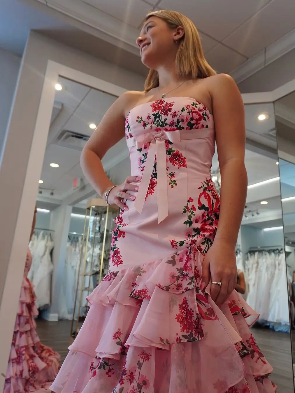 Pink Strapless Floral Mermaid Prom Dress with Tiered Bottom - FD6064-prom dresses 2025 -Viniodress-Pink-Custom Size-