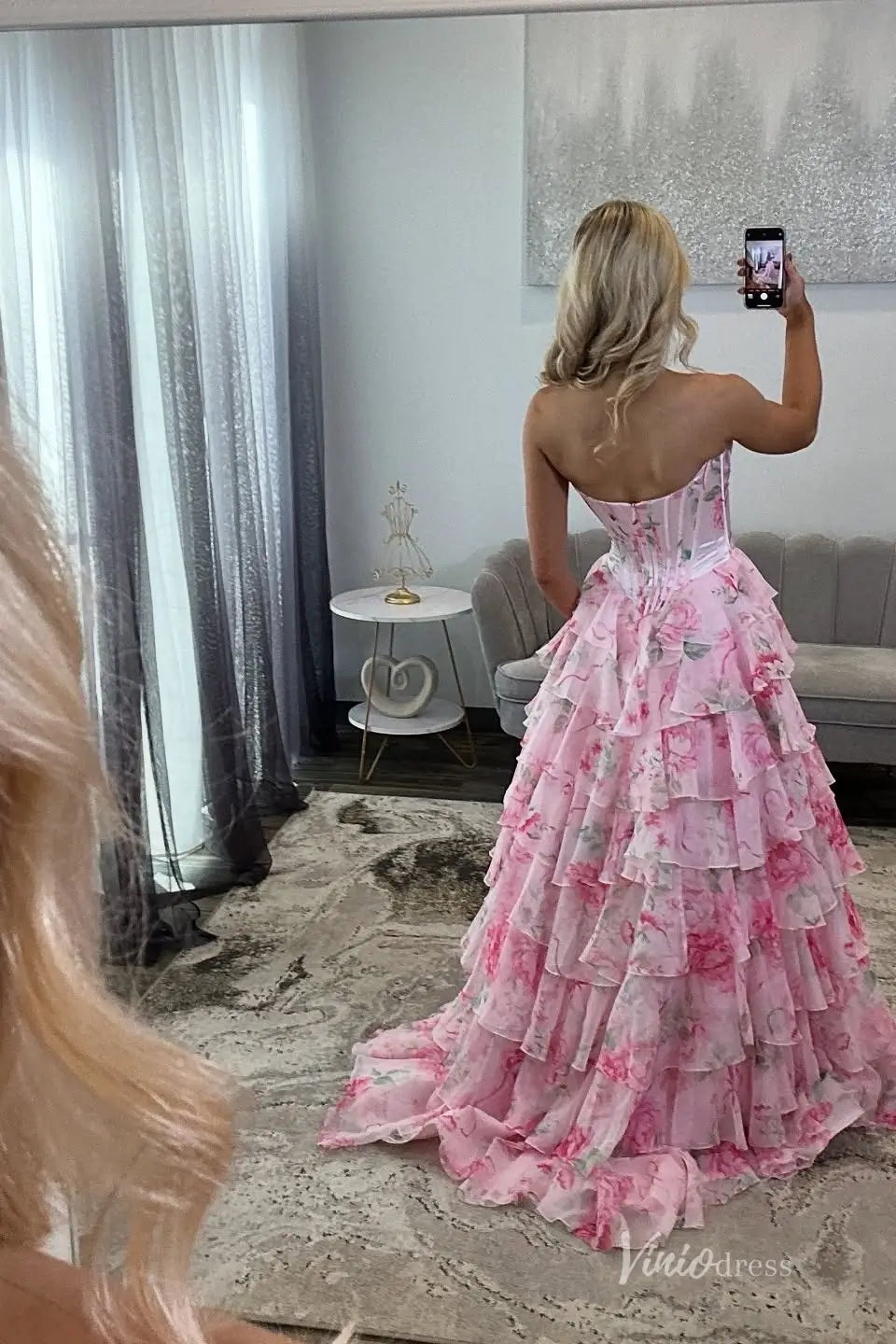 Pink Floral Strapless Prom Dress with Tiered Ruffle Skirt RF055 Viniodress Pink Floral Strapless Prom Dress with Tiered Ruffle Skirt RF055 Viniodress