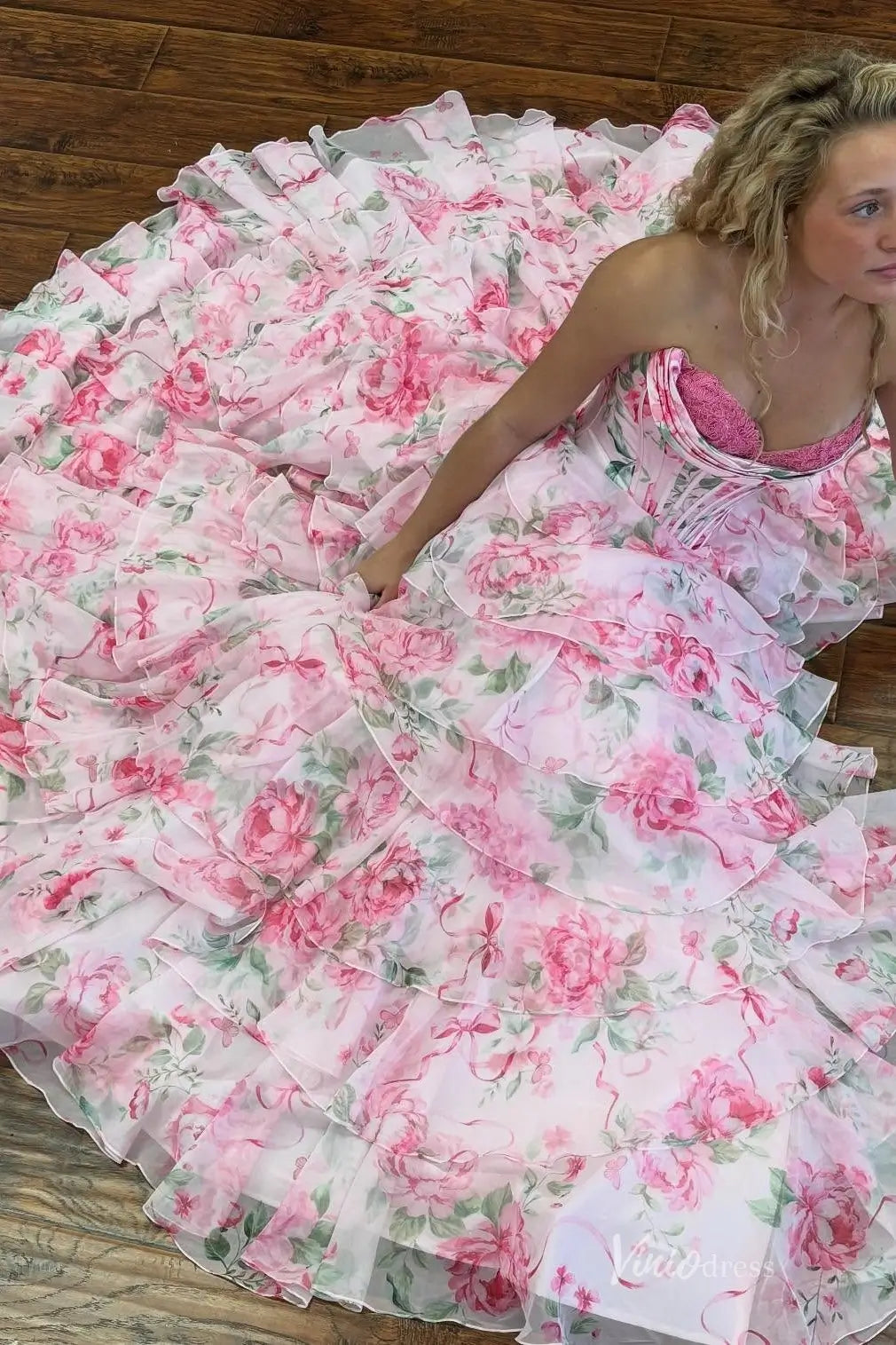 Pink Floral Strapless Prom Dress with Tiered Ruffle Skirt RF055 Viniodress Pink Floral Strapless Prom Dress with Tiered Ruffle Skirt RF055 Viniodress