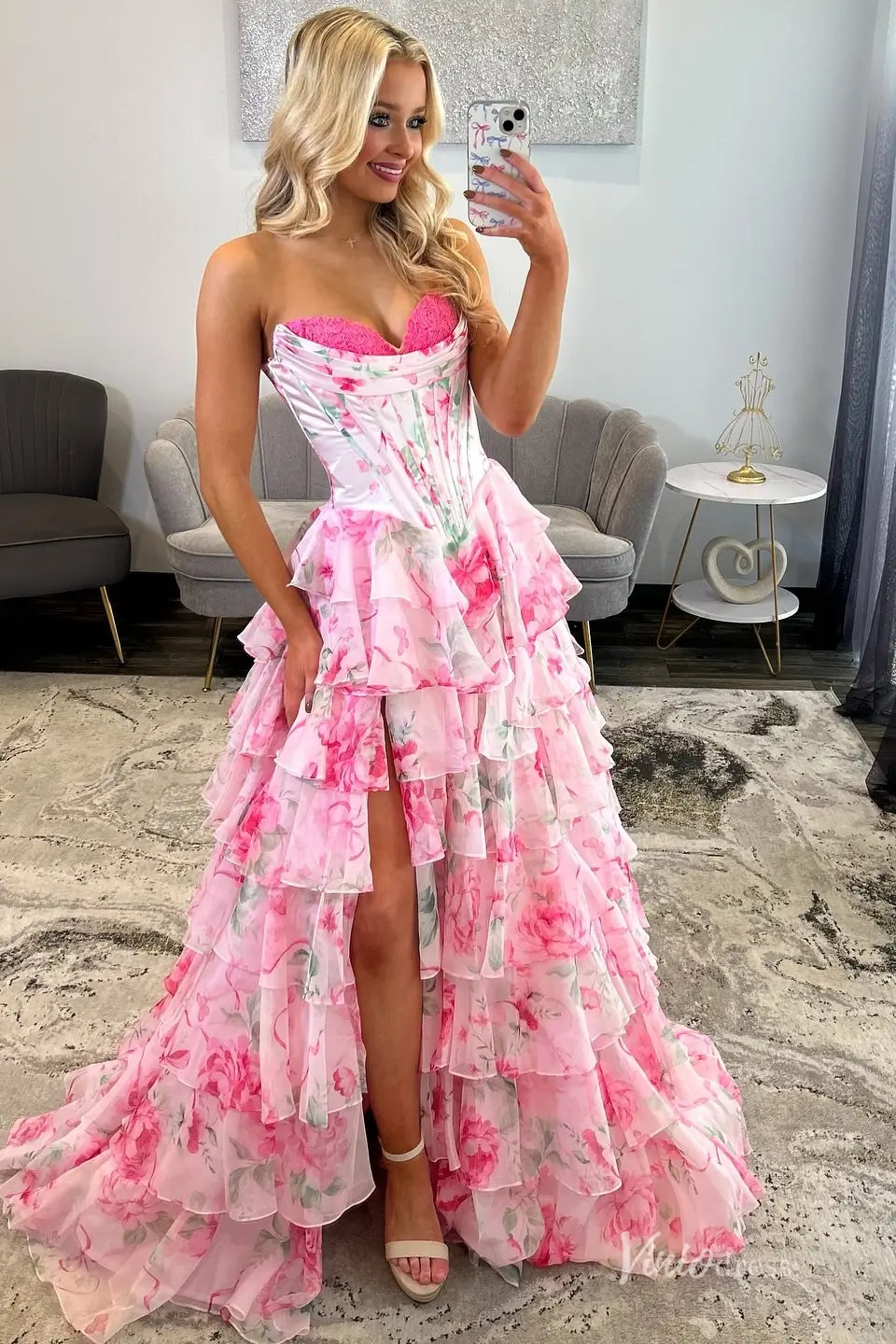 Pink Floral Strapless Prom Dress with Tiered Ruffle Skirt  RF055   Viniodress