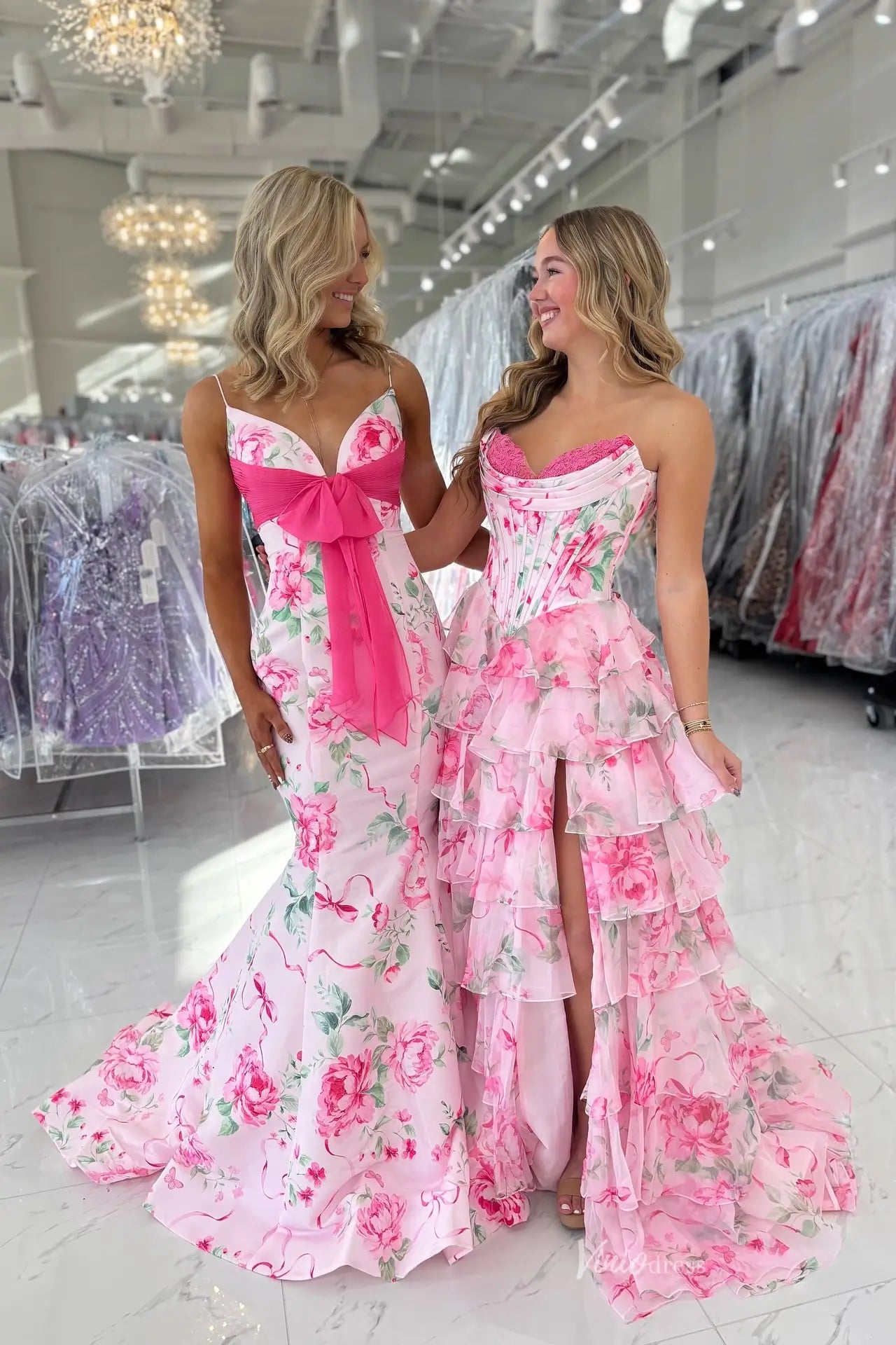 Pink Floral Strapless Prom Dress with Tiered Ruffle Skirt – RF055 –  Viniodress