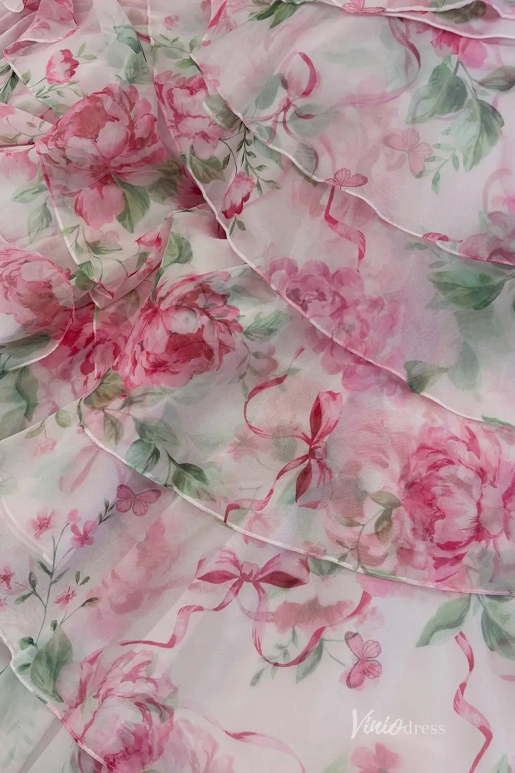 Pink Strapless Floral Prom Dress with Tiered Ruffle Skirt & High Slit – RF055-prom dresses 2026-Viniodress-Pink-Custom Size-