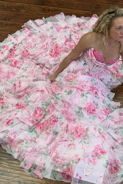 Pink Strapless Floral Prom Dress with Tiered Ruffle Skirt & High Slit – RF055-prom dresses 2026-Viniodress-Pink-Custom Size-