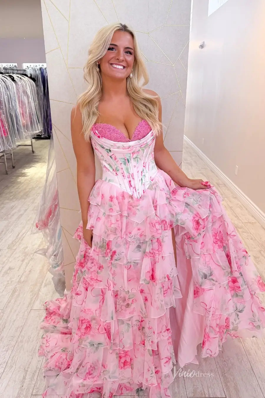 Pink Strapless Floral Prom Dress with Tiered Ruffle Skirt & High Slit – RF055-prom dresses 2026-Viniodress-Pink-Custom Size-