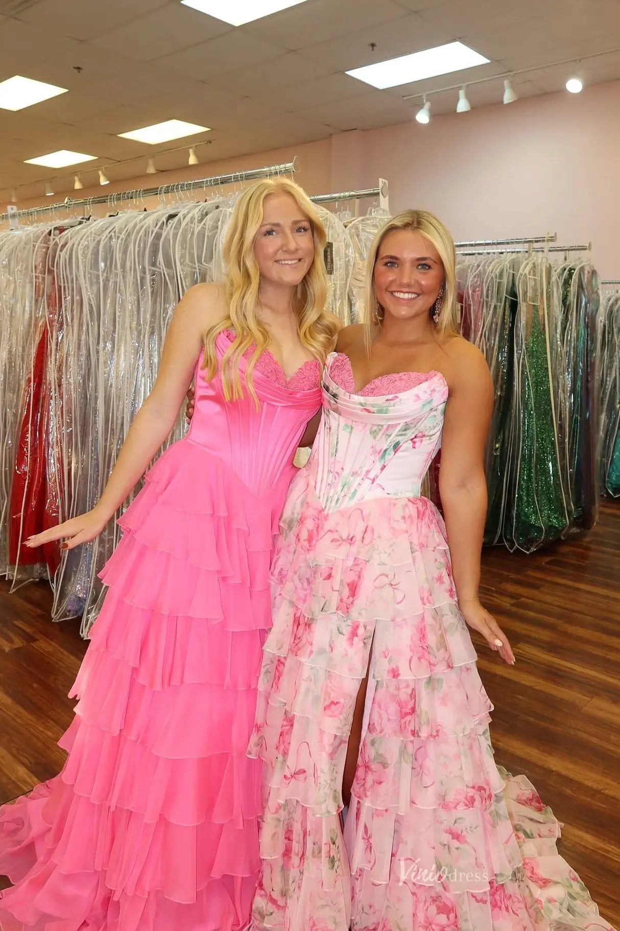 Pink Strapless Floral Prom Dress with Tiered Ruffle Skirt & High Slit – RF055-prom dresses 2026-Viniodress-Pink-Custom Size-