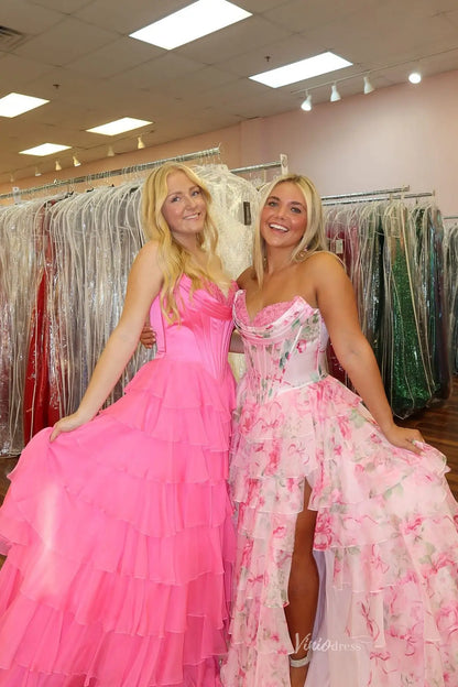 Pink Strapless Floral Prom Dress with Tiered Ruffle Skirt & High Slit – RF055-prom dresses 2026-Viniodress-Pink-Custom Size-