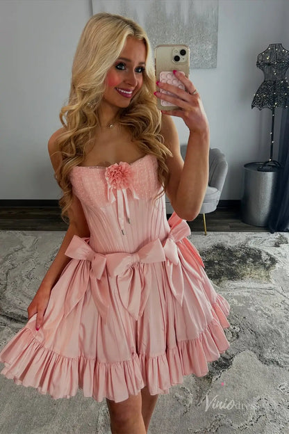 Pink Strapless Homecoming Dress with Floral Appliqué, Corset Bodice, Bow Accents, Ruffle Skirt – H1119B-Homecoming Dresses 2025 -Viniodress-Pink-Custom Size-