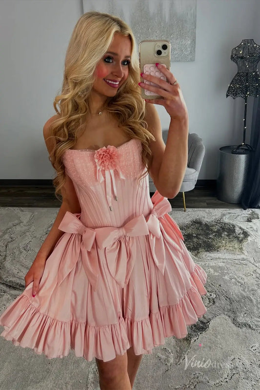 Pink Strapless Homecoming Dress with Floral Appliqué, Corset Bodice, Bow Accents, Ruffle Skirt – H1119B-Homecoming Dresses 2025 -Viniodress-Pink-Custom Size-