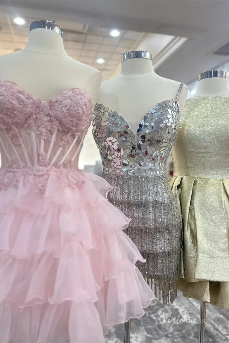 Pink Strapless Homecoming Dress with Lace Corset Bodice and Ruffled Organza Skirt – H1111-Homecoming Dresses 2025 -Viniodress-Pink-Custom Size-