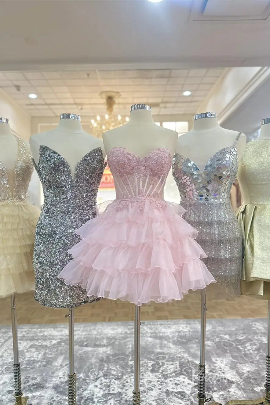 Pink Strapless Homecoming Dress with Lace Corset Bodice and Ruffled Organza Skirt – H1111-Homecoming Dresses 2025 -Viniodress-Pink-Custom Size-