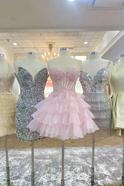 Pink Strapless Homecoming Dress with Lace Corset Bodice and Ruffled Organza Skirt – H1111-Homecoming Dresses 2025 -Viniodress-Pink-Custom Size-