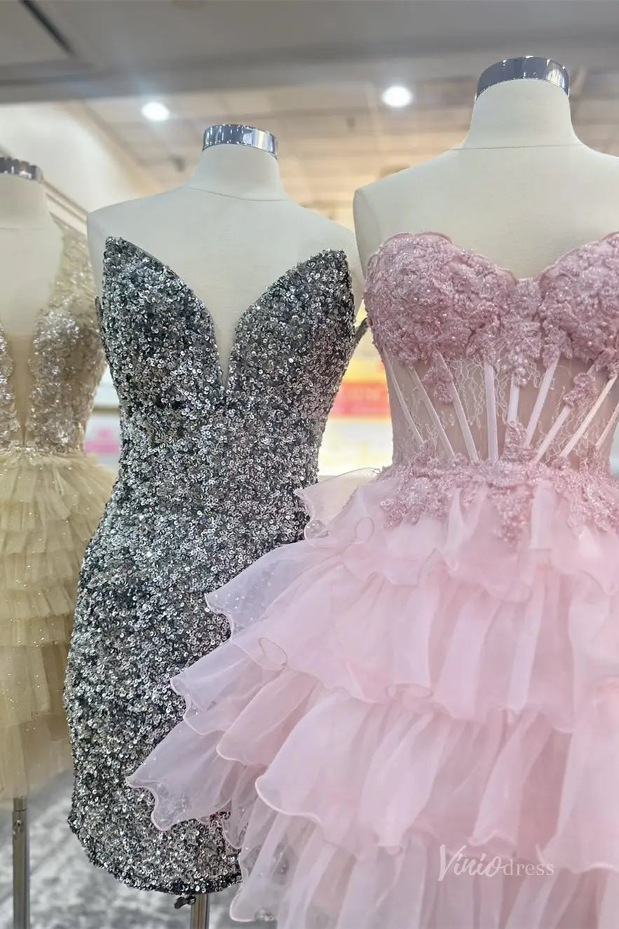 Pink Strapless Homecoming Dress with Lace Corset Bodice and Ruffled Organza Skirt – H1111-Homecoming Dresses 2025 -Viniodress-Pink-Custom Size-