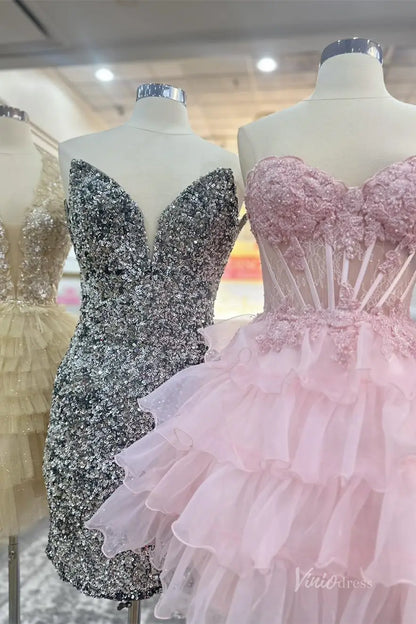 Pink Strapless Homecoming Dress with Lace Corset Bodice and Ruffled Organza Skirt – H1111-Homecoming Dresses 2025 -Viniodress-Pink-Custom Size-