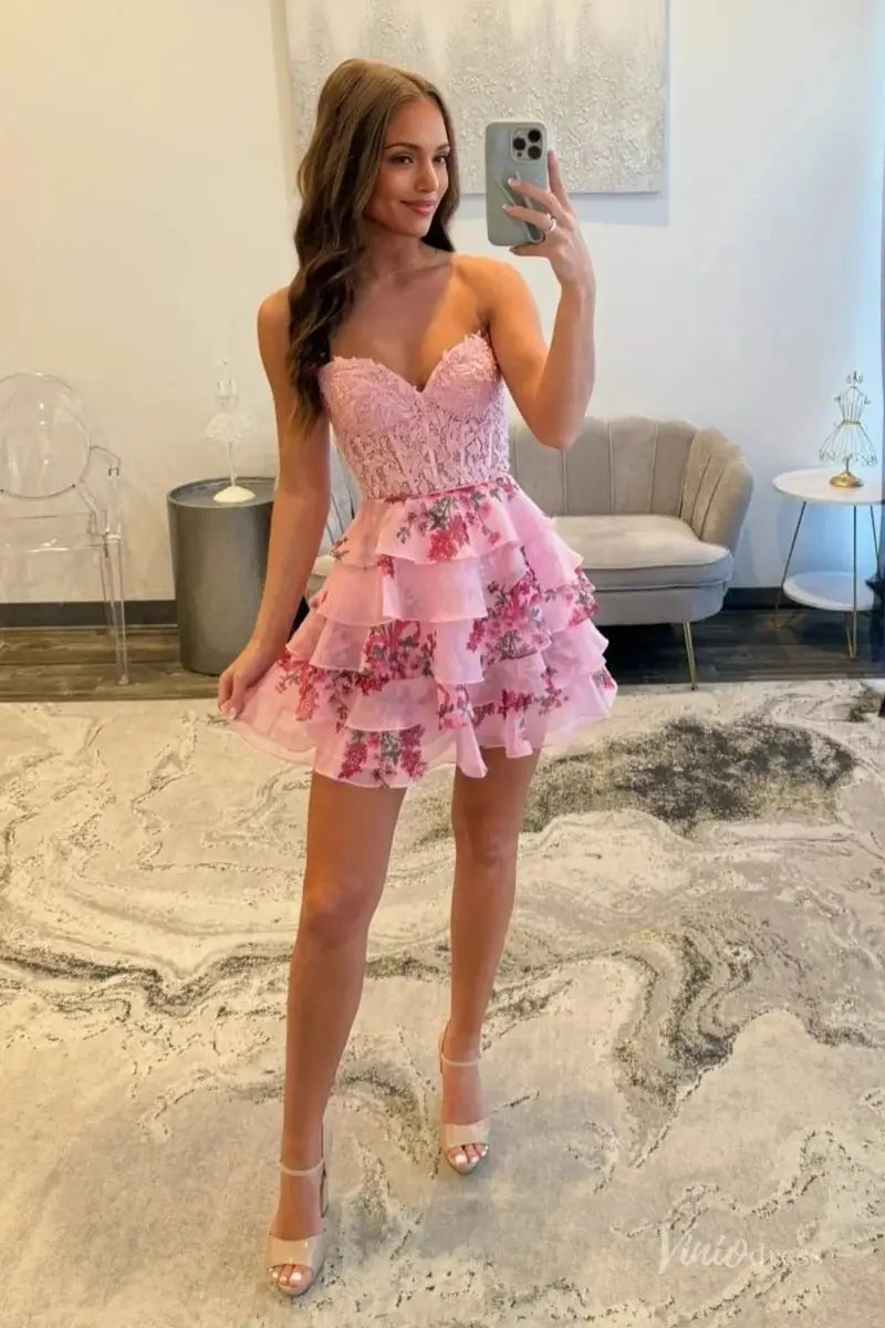 Pink Strapless Homecoming Dress with Lace Corset Bodice, Tiered Floral Ruffle Skirt, Sweetheart Neck – H1186-Homecoming Dresses 2025 -Viniodress-Pink-Custom Size-