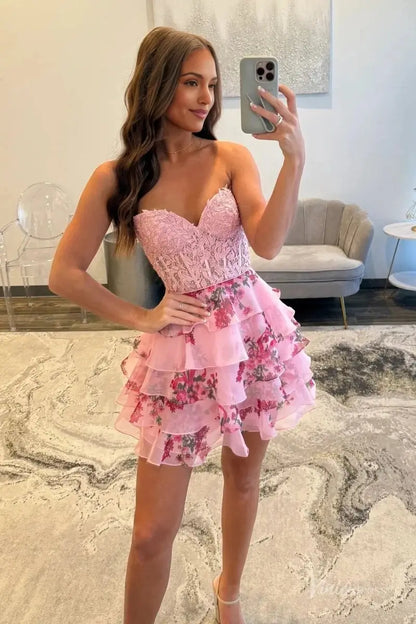 Pink Strapless Homecoming Dress with Lace Corset Bodice, Tiered Floral Ruffle Skirt, Sweetheart Neck – H1186-Homecoming Dresses 2025 -Viniodress-Pink-Custom Size-