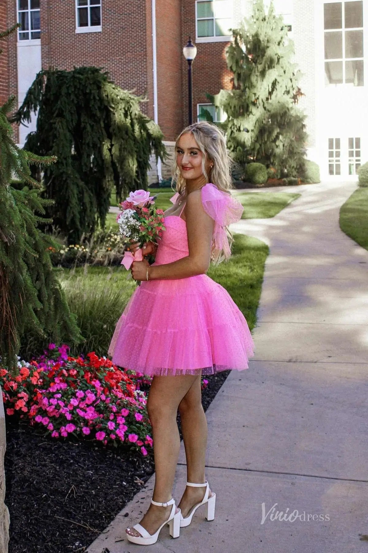 Pink Strapless Homecoming Dress with Spaghetti Straps and Ruffled Tulle Skirt – H1113-Homecoming Dresses 2025 -Viniodress-Pink-Custom Size-
