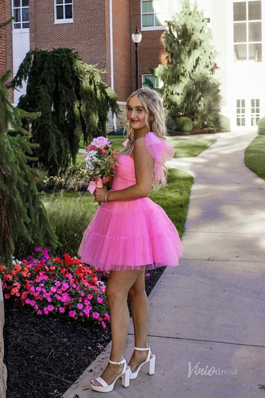 Pink Strapless Homecoming Dress with Spaghetti Straps and Ruffled Tulle Skirt – H1113-Homecoming Dresses 2025 -Viniodress-Pink-Custom Size-