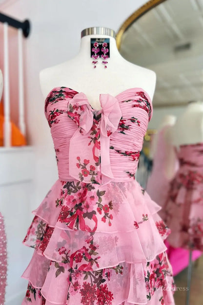 Pink Strapless Homecoming Dress with Sweetheart Neck, Bow Detail, Tiered Floral Ruffle Skirt – H1187-prom dresses 2025 -Viniodress-Pink-Custom Size-