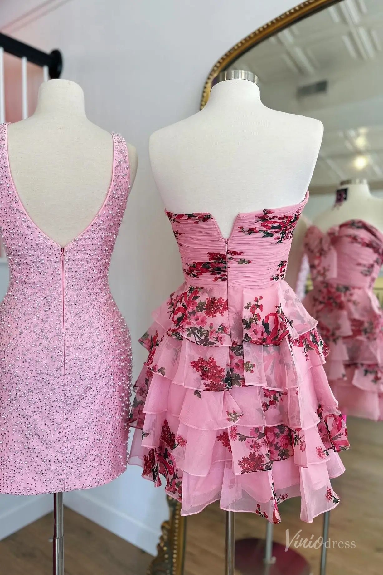 Pink Strapless Homecoming Dress with Sweetheart Neck, Bow Detail, Tiered Floral Ruffle Skirt – H1187-prom dresses 2025 -Viniodress-Pink-Custom Size-