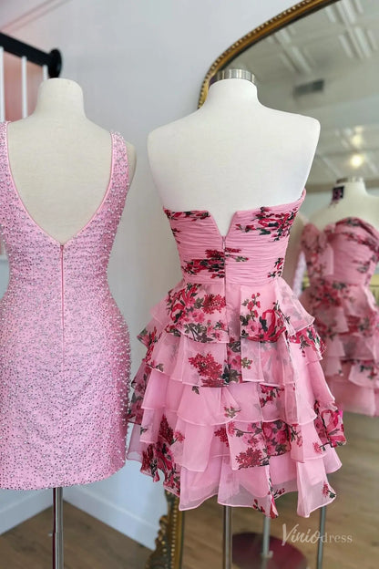 Pink Strapless Homecoming Dress with Sweetheart Neck, Bow Detail, Tiered Floral Ruffle Skirt – H1187-prom dresses 2025 -Viniodress-Pink-Custom Size-