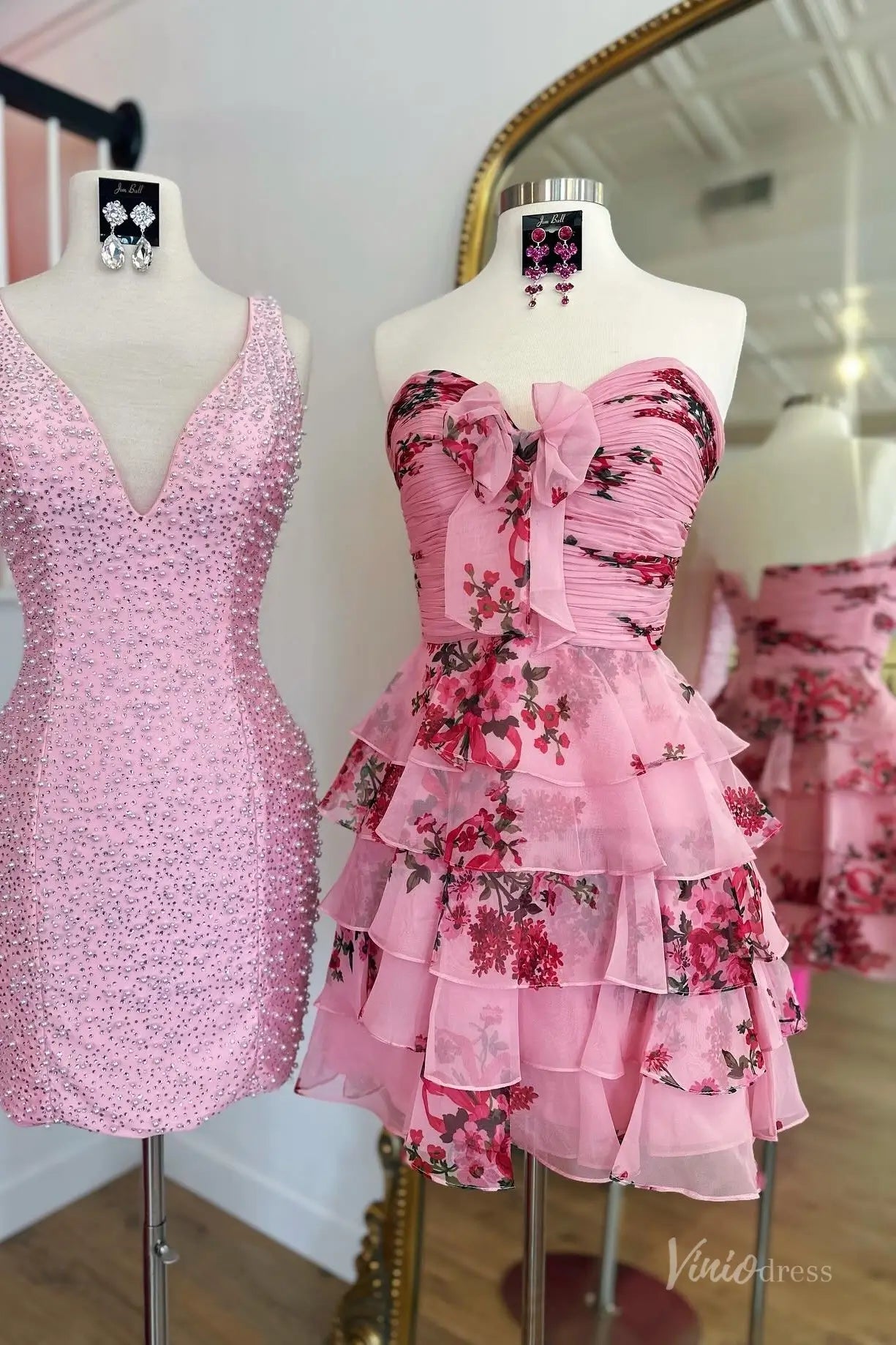 Pink Strapless Homecoming Dress with Sweetheart Neck, Bow Detail, Tiered Floral Ruffle Skirt – H1187-prom dresses 2025 -Viniodress-Pink-Custom Size-