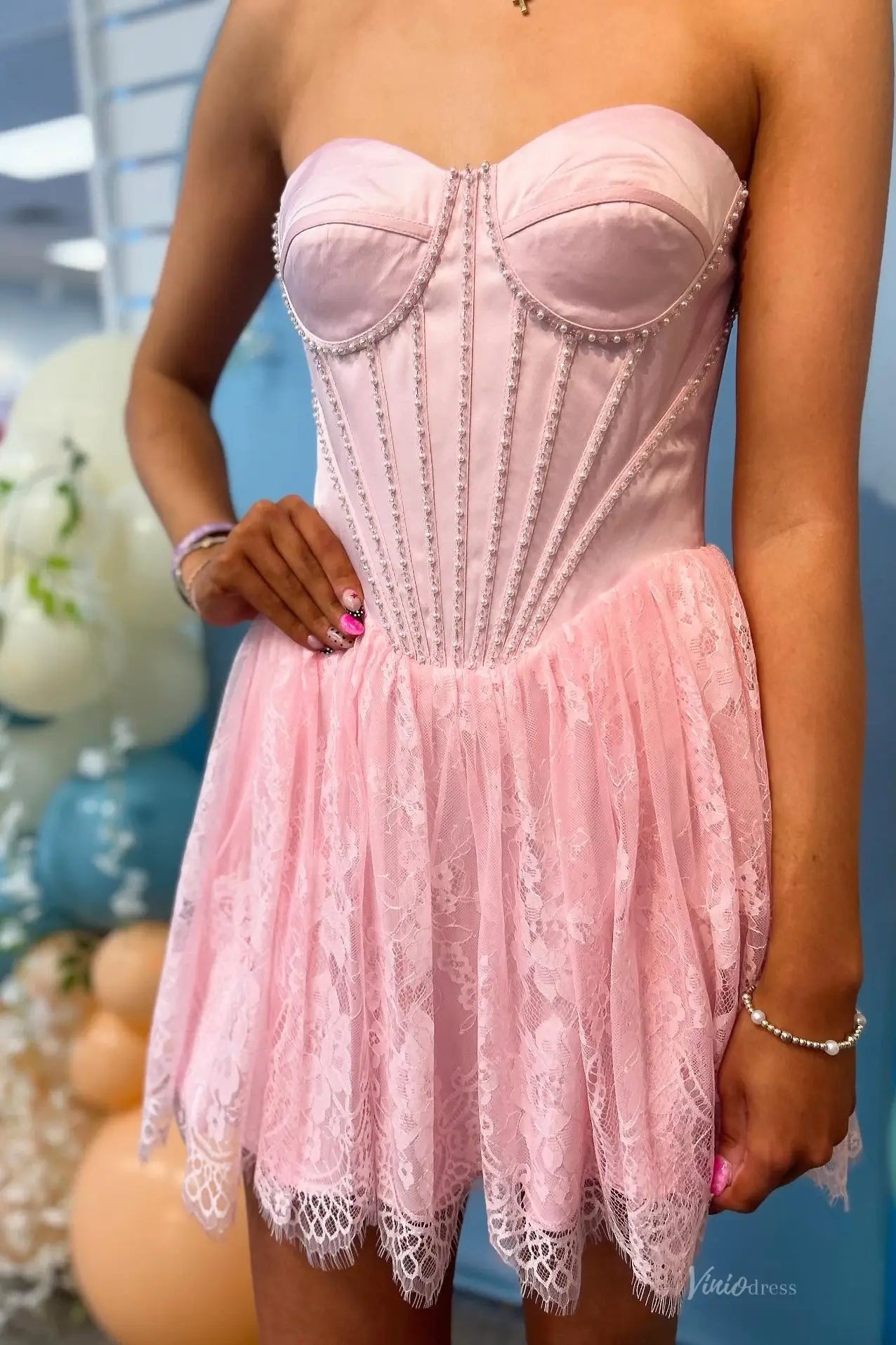 Pink Strapless Lace Homecoming Dress with Beaded Corset H1306 Viniodress Pink Strapless Lace Homecoming Dress with Beaded Corset H1306 Viniodress