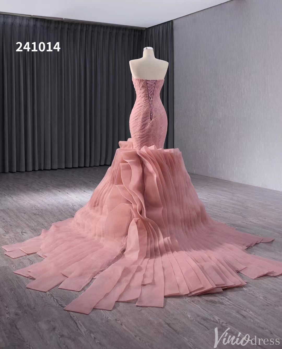 Pink Strapless Mermaid Wedding Gown Ruched Ruffled Lace Applique Pageant Dress 241014-wedding dresses 2025 -Viniodress-Pink-Custom Size-