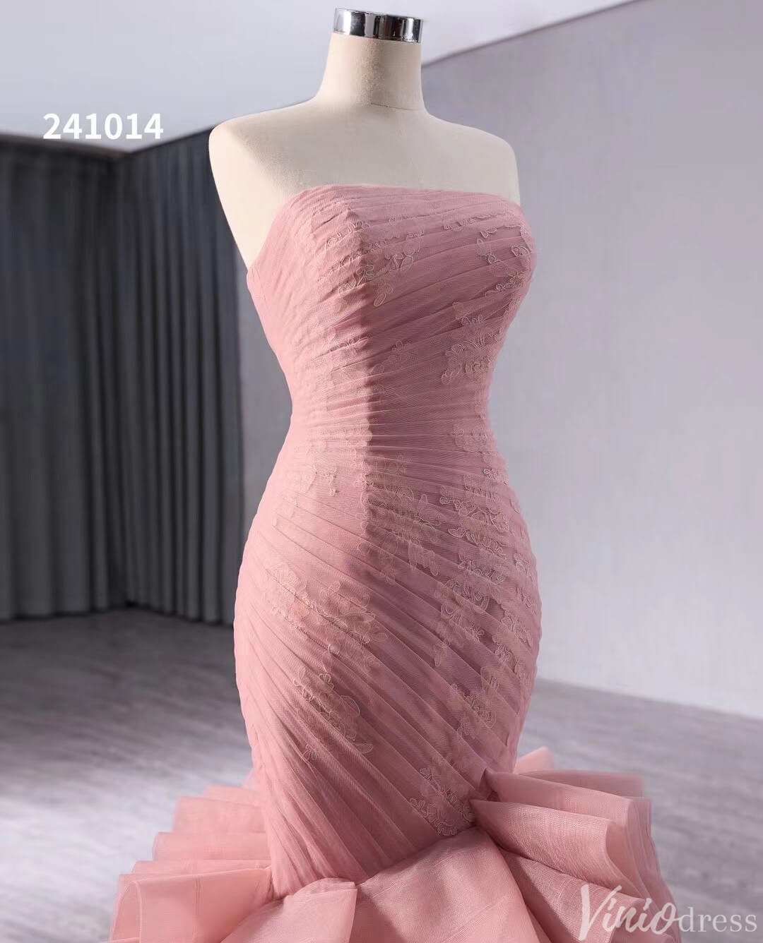 Pink Strapless Mermaid Wedding Gown Ruched Ruffled Lace Applique Pageant Dress 241014-wedding dresses 2025 -Viniodress-Pink-Custom Size-